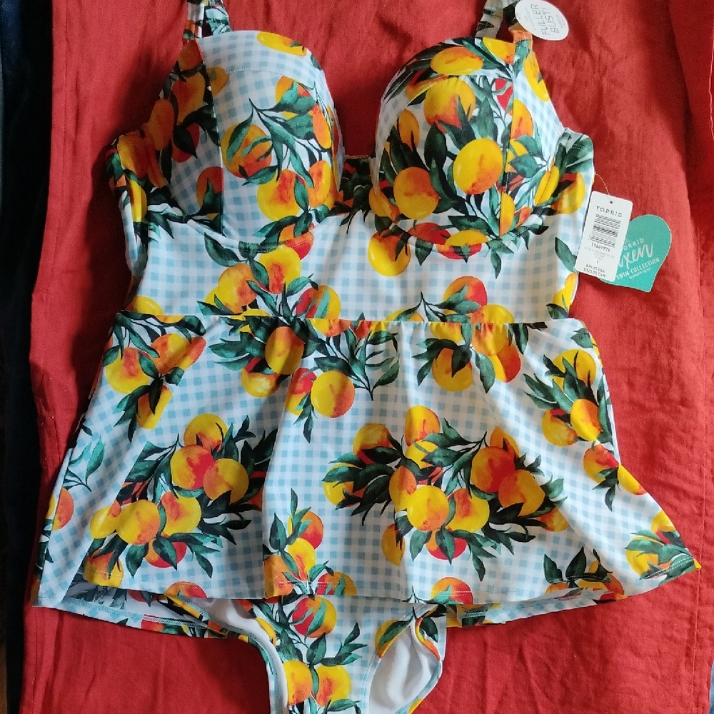 Torrid Vixen Blue Gingham Orange Peplum Swim Dress